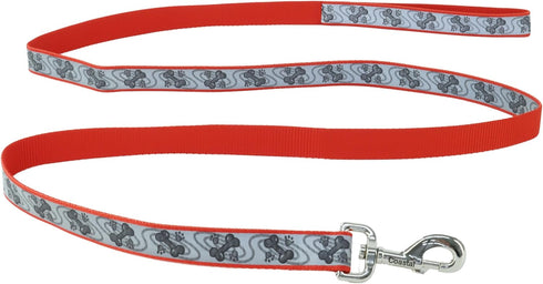 Coastal Lazer Brite Reflective Dog Leash, Red Paws and Bones, 1" x 6'