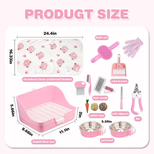 16 (16PCS)) Pcs Bunny Grooming Kit,Rabbit Litter Box, Bunny Toys,Blankets with Cleaning Supplies,Pet Toilet Potty