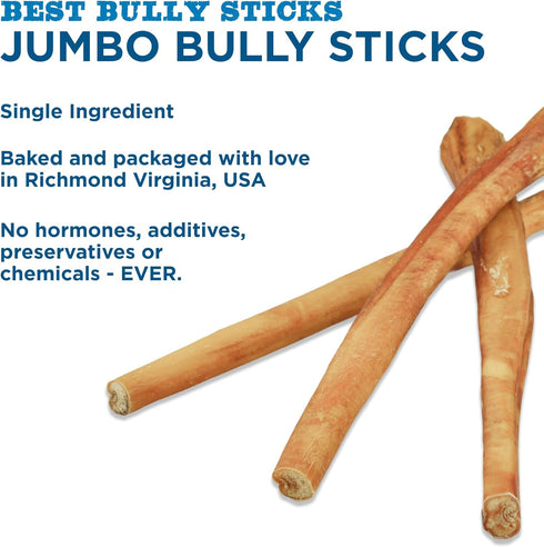 12 Inch, 4 Count (Pack 1) 100% Best Bully Sticks Natural Jumbo Bully Sticks for Large Dogs - of - Free-Range Grass-Fed