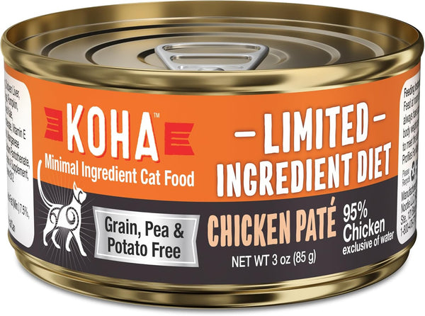 KOHA Limited Ingredient Diet Chicken Pate for Cats - Single Meat Wet Cat Food for Sensitive Stomachs - 3oz Pack of 24