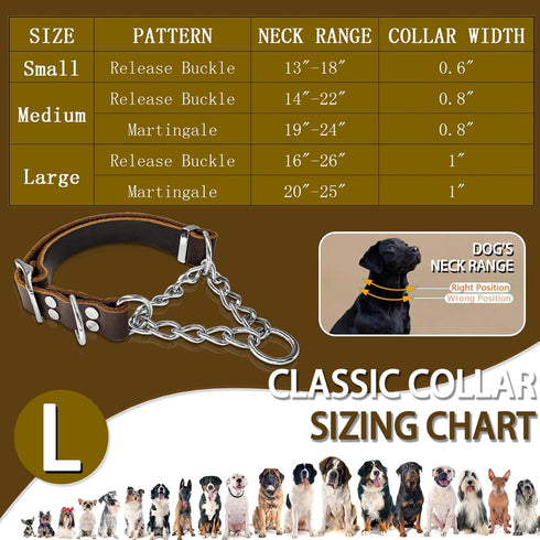 Leather Martingale Dog Collar, Adjustable for Medium Large Dogs, Soft Genuine Cowhide with Stainless Steel Chain (L,