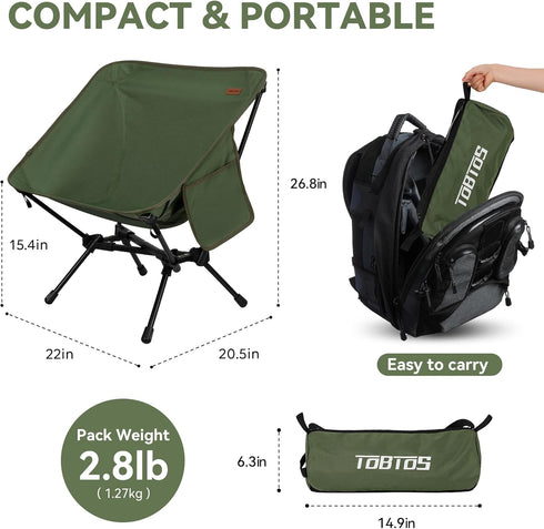 330 lbs, Backpacking TOBTOS Ultralight Camping Chair, Portable Folding Chair Support Compact Chair with Carry Bag