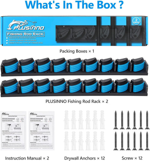 PLUSINNO 2 Pack Vertical Fishing Rod Rack - Wall Mounted Holders for 18 Rods