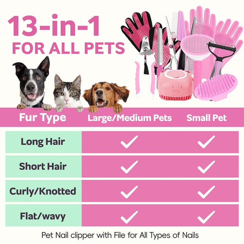 2TRUL 13pcs Dog Brush for Shedding Bath Grooming Kit with Pet Nail Clipper and File - Dog Bath Brush Cat Grooming