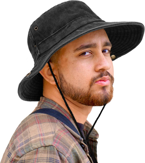 Unisex Cotton Boonie Hat, Packable Summer Outdoor Fishing Bucket Hat with String
