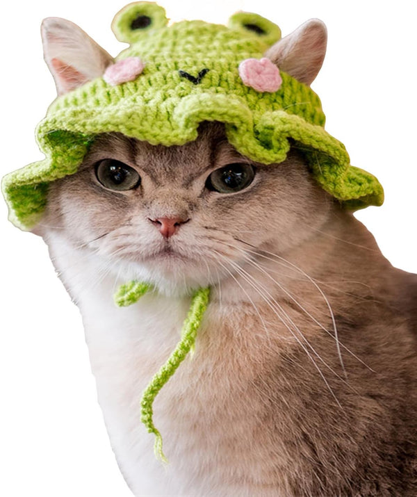 QWINEE Cartoon Design Knit Dog Hat, Soft Cat Hat for Halloween Christmas Party Costume, Green and Pink Small