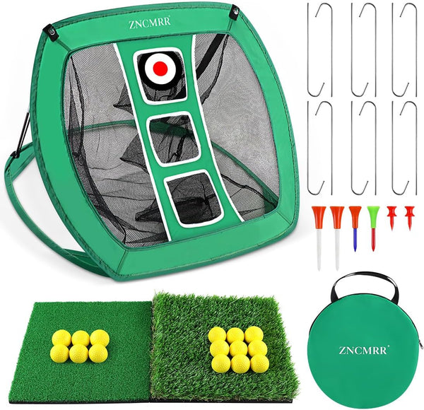Pop Up Golf Chipping Net, Indoor/Outdoor Golfing Target Net, Collapsible Portable with 15 Training Balls and 2 Hitting