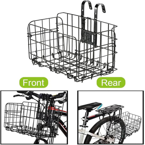 Rust Proof Folding Bike Front Basket, Detachable Rear Bike Basket with Handles, Easy Installation for Mountain Bike