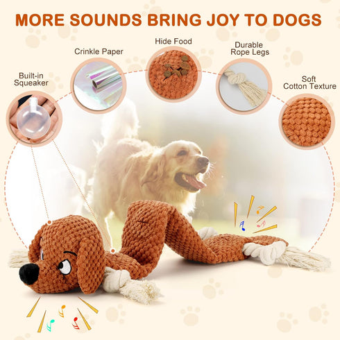 Dog Toys, Squeaky Chew Toy with Crinkle Paper, Interactive Tough Plush Rope Toys for Small Medium Large Dogs