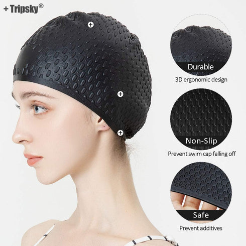 Tripsky Silicone Swim Cap, Comfortable Bathing Cap for Curly Short Medium Long Hair, Ideal for Swimming and Showering