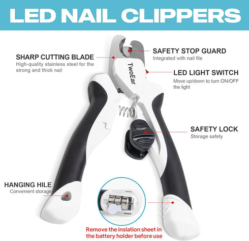 TwoEar Dog Nail Clippers with Light - Dog Nail Trimmers with Quick Sensor & Safety Guard for Medium Large Dogs