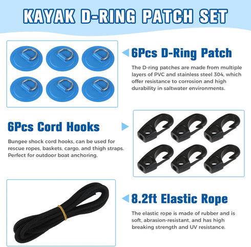 Yetaha 6 Pack Stainless Steel D Rings, 8.2ft Bungee Cord with Hooks Deck Rigging Kit for Inflatable Boat Kayak