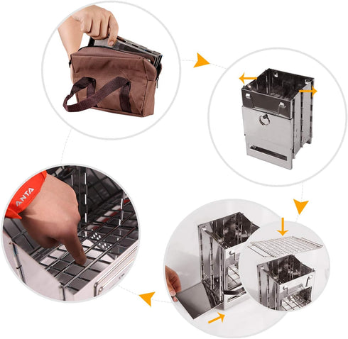 Portable Folding Camping Wood Stove, Lightweight Stainless Steel Wood Burning Camp Stove with Grill for BBQ