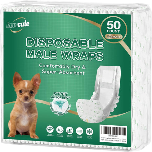 IMMCUTE Dog Diapers Male 50 Ct, XS Size, Super-Absorbent Male Dog Wraps
