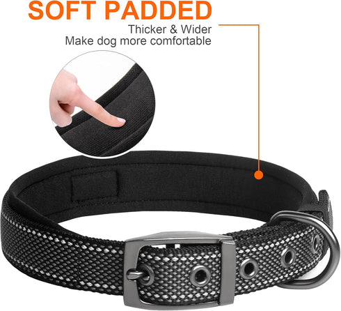 Fida Heavy Duty Dog Collar, Ultra Comfortable Soft Neoprene Padded, Adjustable Reflective Nylon Collar for Medium