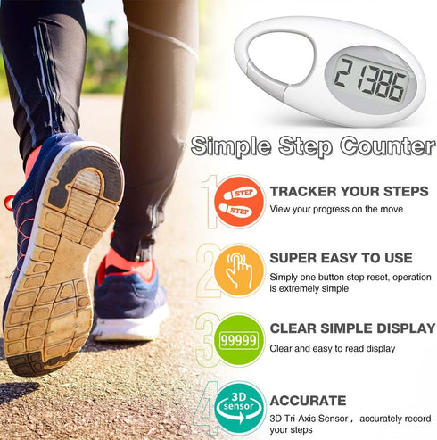 Simple 3D Step Counter, Walking Pedometer with Neck Lanyard/Carabiner for Men, Women, Teens, Adults, Seniors