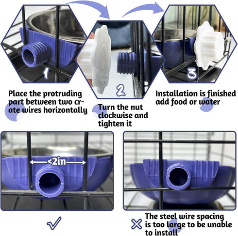 Fhiny Crate Dog Bowl, Removable Stainless Steel Pet Cage Bowl for Cat, Puppy, Ferret, Birds, Guinea Pigs (2 Pack)