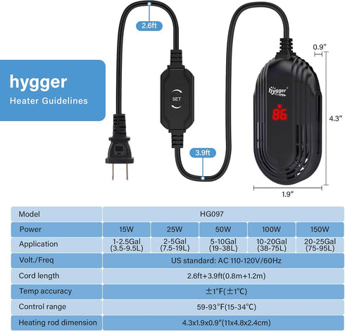 hygger Small Aquarium Heater, 15W Submersible Betta Fish Tank Heater with Adjustable Temperature Controller
