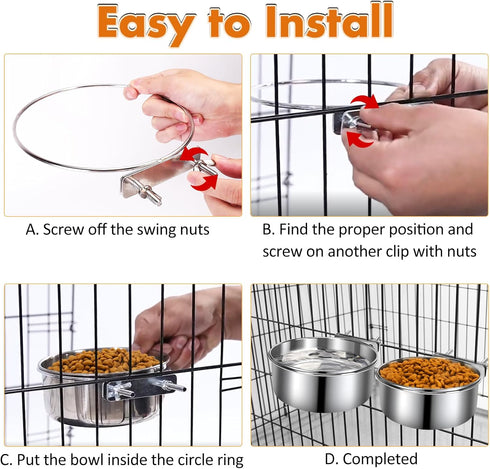 2 Pack Hanging Metal Dog Bowls, No Spill Stainless Steel Dish for Small & Medium Dogs (6.3 * 2.6” & 5.5 * 2.4”)