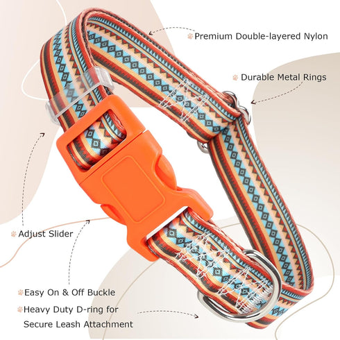 Orange Dog Collar for Large Dogs, Cute Tribal Ethnic Aztec Patterns, Adjustable Soft Collar for XS to XL Dogs