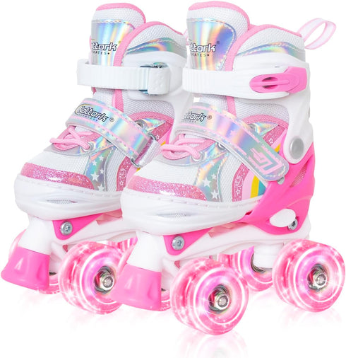Nattork Girls Roller Skates for Kids, 4 Size Adjustable Rainbow Quad Skates