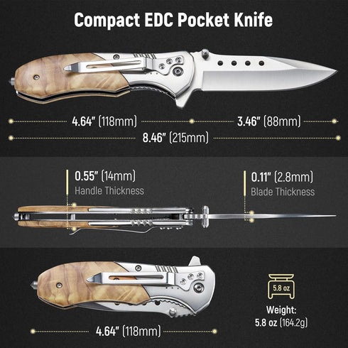 Folding Pocket Knife - 3.46" Sharp Blade Olive Wood Handle Pocket Knives with Clip, Glass Breaker - EDC Knife for Dad Women Tactical Hunting Survival Camping Fishing Hiking Gift - Sliver by KEXMO
