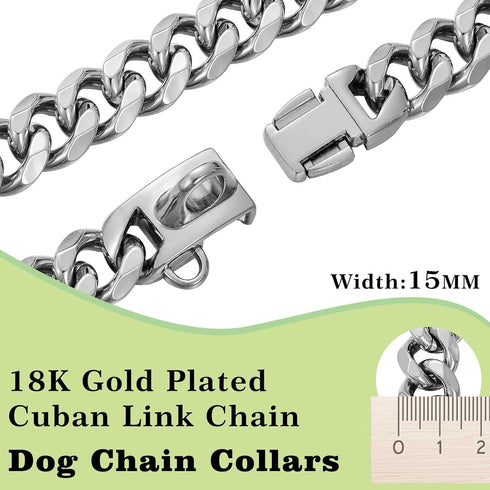 18K Cuban Link Chain Dog Collar, Stainless Steel Silver Gold with Safety Buckle Lock, Heavy Duty for Small, Medium,
