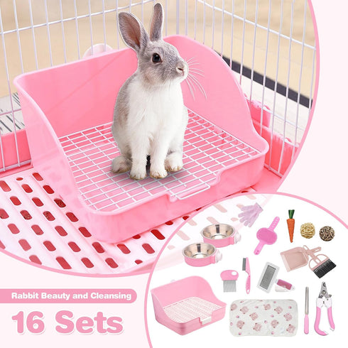 16 (16PCS)) Pcs Bunny Grooming Kit,Rabbit Litter Box, Bunny Toys,Blankets with Cleaning Supplies,Pet Toilet Potty