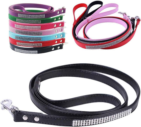 Scicalife PU Leather Dog Leash, Colorful Walking Leash with Sparkly Studded Rhinestone for Cats or Dogs (Black)