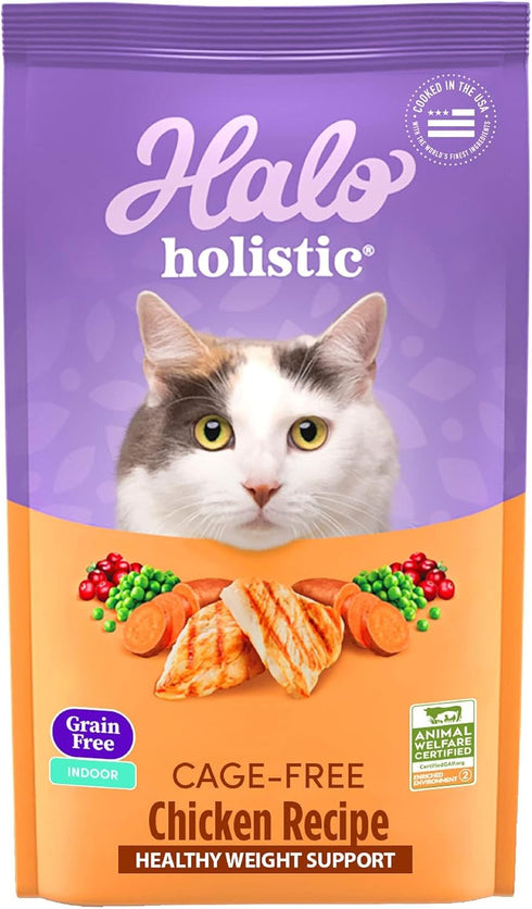 Halo Holistic Indoor Cat Food Dry, Grain Free Chicken Recipe for Healthy Weight Support, 3-lb Bag