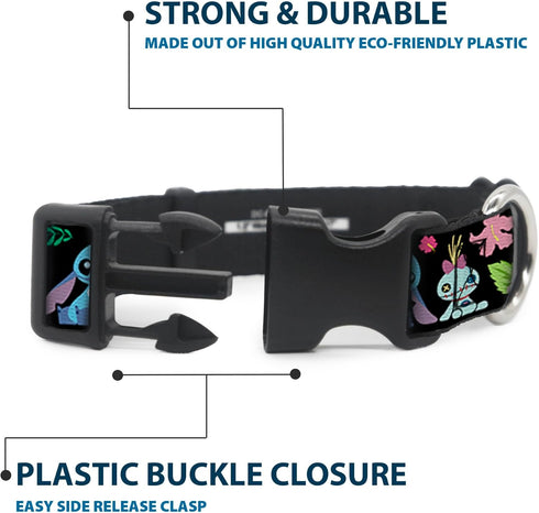 Buckle-Down Plastic Clip Collar - OHANA MEANS FAMILY/Stitch & Scrump Poses/Tropical Flora, Small, 9-15" Neck