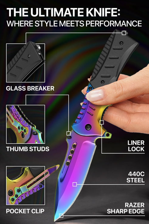 Grand Way Pocket Knife, Rainbow EDC USMC Jack Folding Knife, Best Camping Survival Gear, Gifts for Men 0208 BR