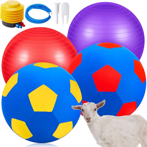 4 Pcs Goat Ball Toy Set with Covers - Anti Burst Training Toy with Inflator Pump for Goats (18inch, Red and Purple)