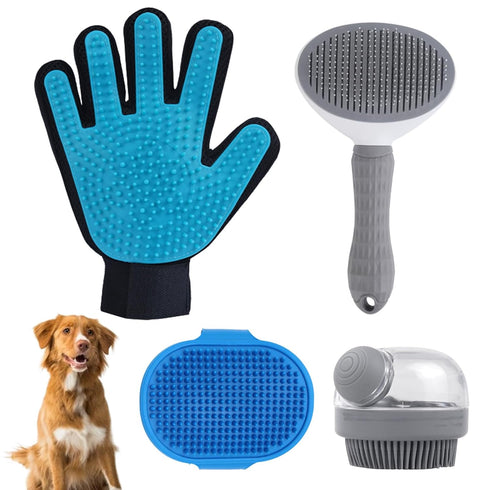 4Pcs Dog Shower Grooming Kit - Soft Silicone Pet Shampoo Massage Dispenser and Grooming Shower Brush