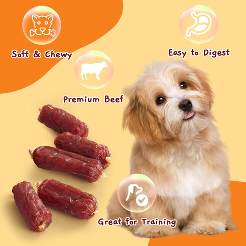 10.6 oz Jungle Calling Soft Beef Sausage Dog Treats, Grain-Free High Protein Tender Beef Jerky, Easy to Chew Training
