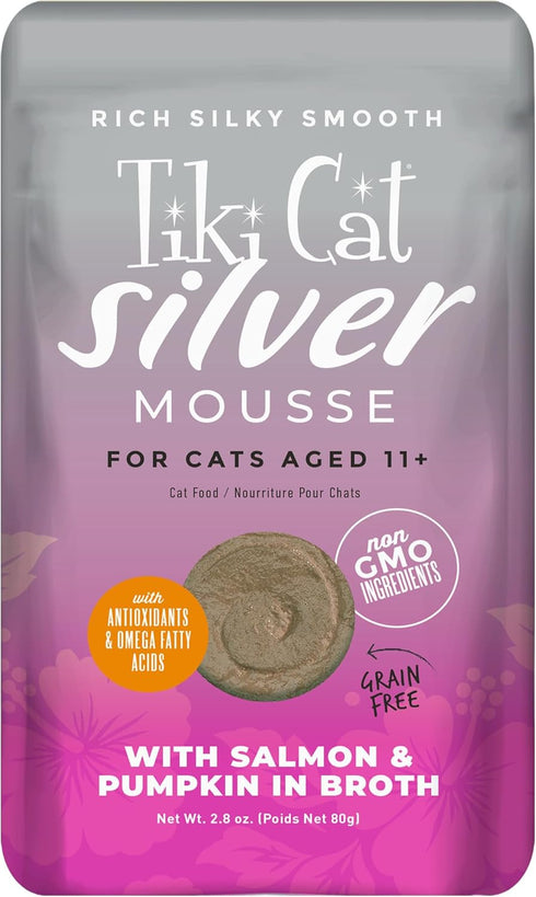 Tiki Cat Silver Mousse with Salmon & Pumpkin in Broth, Nutrient Rich for Older Cats Aged 11+, 2.9 oz. Pouch (Pack of 12)