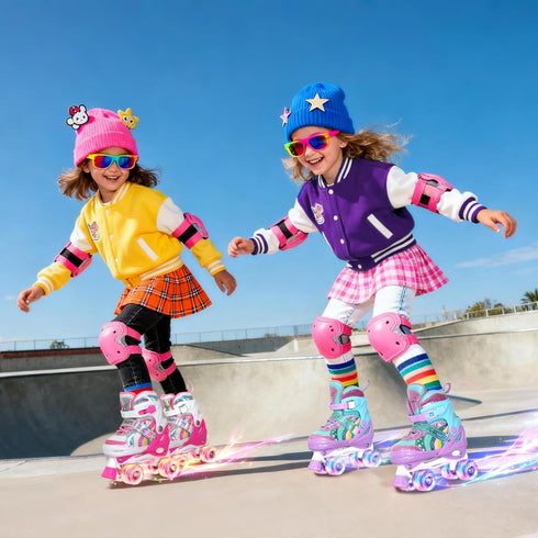 4 Nattork Girls Roller Skates for Kids, Size Adjustable Rainbow Quad Skates with All Light Up Wheels - Best Birthday