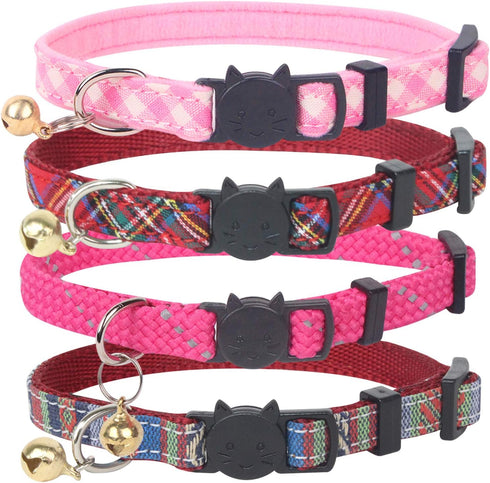 Pet's Company 4 Pack Adjustable Breakaway Cat Collar with Bell, Cute Pattern Collars for Kittens (Pink, 7-11 Inches)