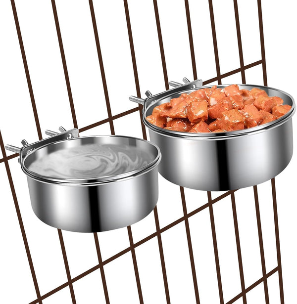 2 Pack Hanging Metal Dog Bowls, No Spill Stainless Steel Dish for Small & Medium Dogs (6.3 * 2.6” & 5.5 * 2.4”)