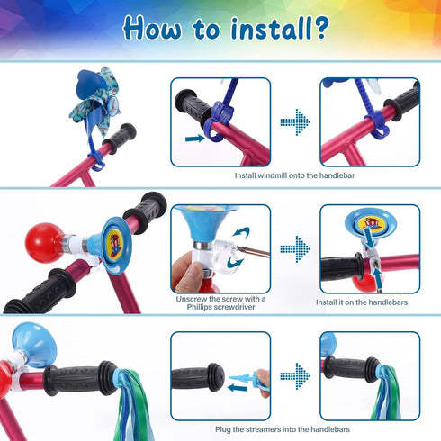 Kids Bike Horn Set with 2 Pcs Handle Streamers, Bicycle Bell and Windmill Accessories for Girls or Boys