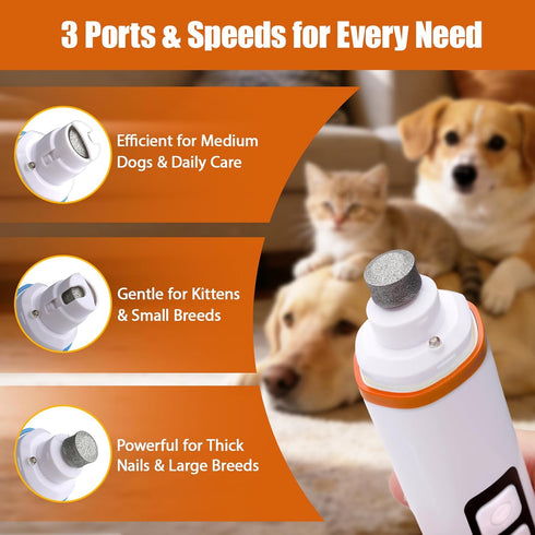 TAILNERY 2026 3-Speed, 3-Port Trimmer Upgraded Dog Nail Grinder Quiet with LED Light & Low Noise - Professional Dog