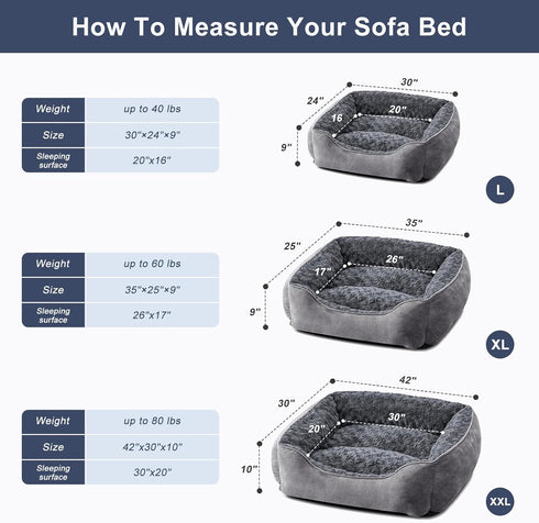 JOEJOY Rectangle Dog Bed - Grey - Machine Washable Sleeping Sofa Bed for Large Medium Small Dogs - Non-Slip