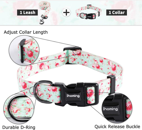 Ihoming Dog Collar and Leash Set for Daily Outdoor Walking, Floral GreenLake Design for Medium Dogs, M-Up to 45LBS