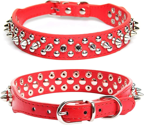 Spiked Soft Leather Dog Collar, Adjustable Anti Bite Studded for Small Medium Large Dogs (Red, L)