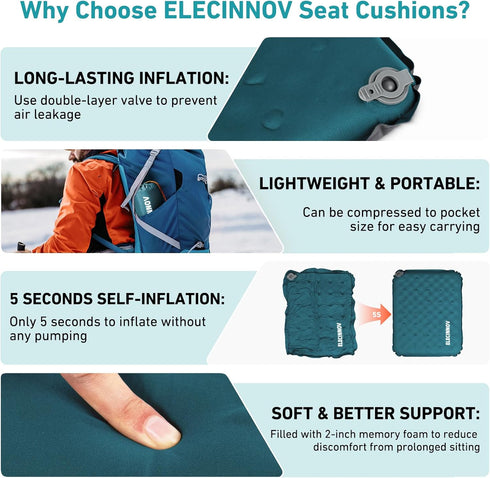 Backpacking Inflatable Seat Cushion, Self Inflating Memory Foam Stadium Seat Cushion Lightweight Camping Chair Pad