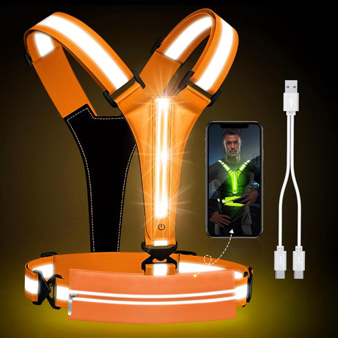 LED Reflective Vest Running Gear, USB Rechargeable Light Up Vest, Chest Phone Holder for Runners, Night Walking,