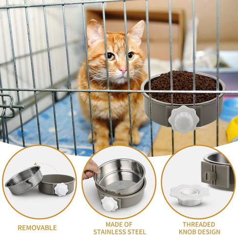POPETPOP No Spill Crate Water Bowl: Removable Stainless Steel Dog Bowl for Cat, Puppy, Rabbit, Pet Kennel Cage