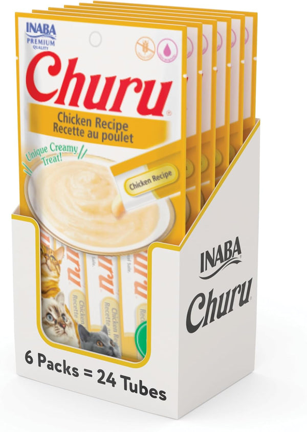 INABA Churu Cat Treats, Grain-Free, Lickable Creamy Purée Cat Treat/Topper with Vitamin E & Taurine, 0.5 Ounces Each
