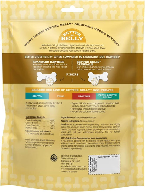 20Count (P-50050NC) Better Belly Originals, Real Beef Sirloin Flavor, Small Rolls, Dog Chews