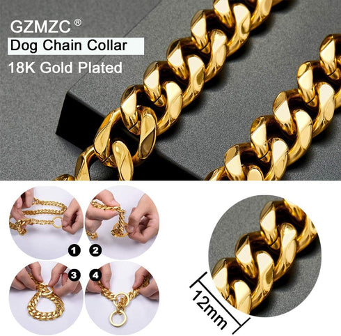 "Dog Chain Collar 18K Gold High Polished Stainless Steel Cuban Link Heavy Duty Chew Proof Leash for Small Dogs (12mm,